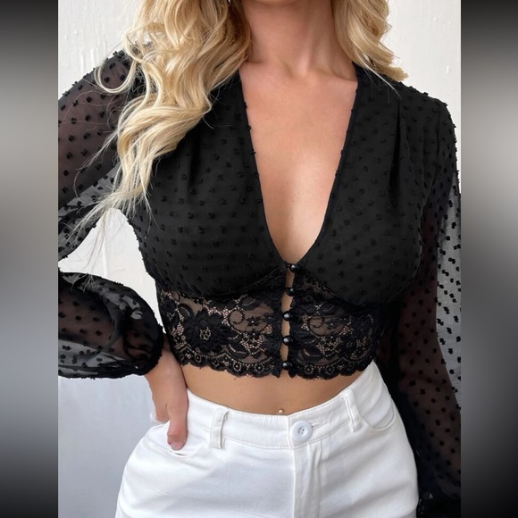 Tops - Boho black Swiss dot lace button detail crop top